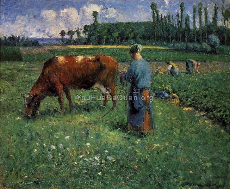 Girl Tending a Cow in a Pasture - 卡米耶·毕沙罗